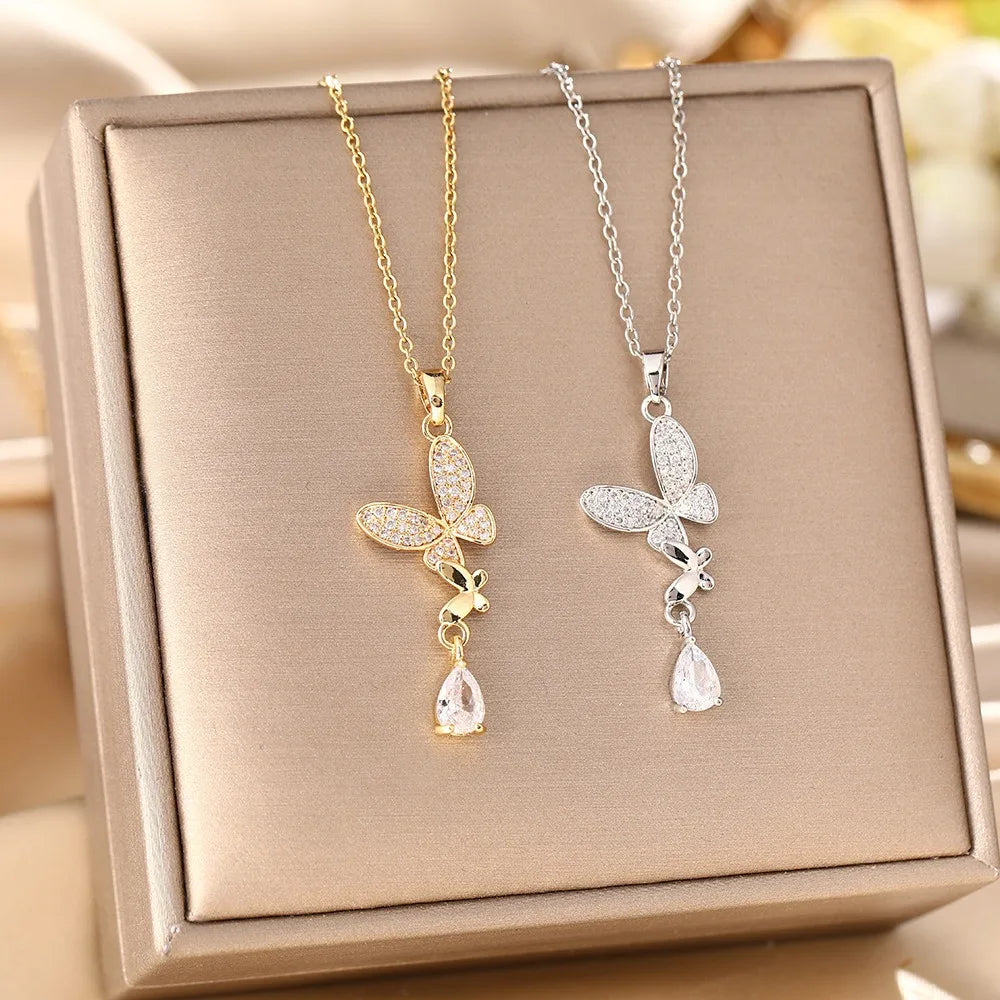 Temperament Full Zircon Butterfly Pendant Necklace for Women Personality Stainless Steel Crystal Chokers Bride Jewelry Colorfast